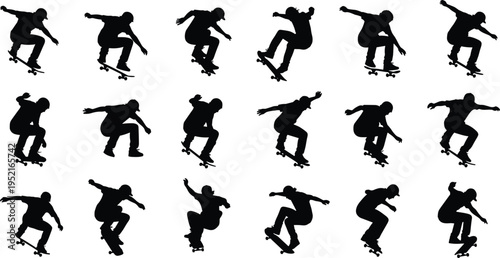 Skateboarder silhouettes collection performing tricks and jumps, dynamic skater poses vector set isolated on light background, perfect for street sport and urban design