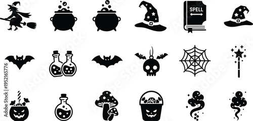 Halloween icons: witch, cauldron, bat, skull & spiderweb