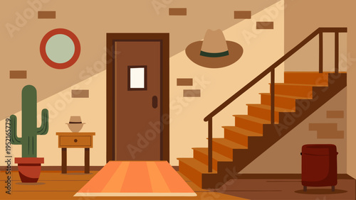 A flat vector illustration of a rustic hallway interior featuring a brown wooden door and stairs with a cactus in a pot on a beige background.