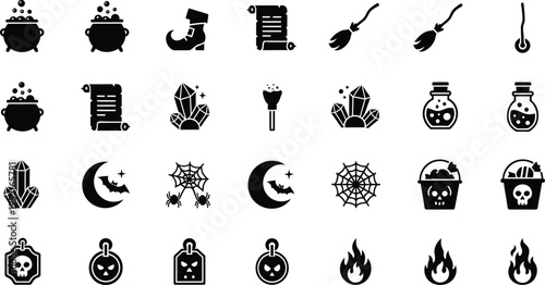Halloween icons: witch, potions, scroll, cactus & flame