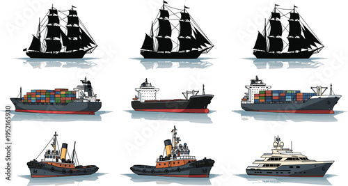 Collection of ships including sailing vessels cargo container tanker tugboat and luxury yacht isolated on water illustration maritime transport set