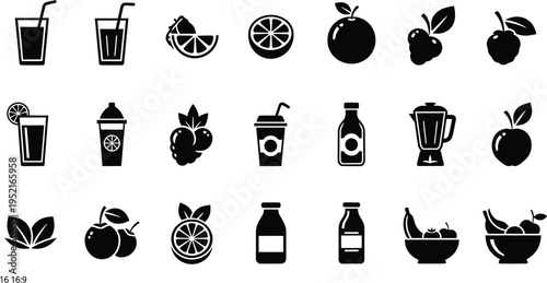 Healthy drinks and fresh fruit icons collection