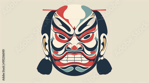 Stylized Japanese kabuki theater mask with bold traditional face paint on neutral background
