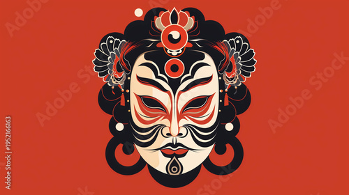 Intricate Chinese opera mask design featuring traditional colors and ornamental headpiece