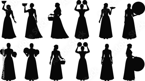 Traditional women silhouettes collection carrying pots and baskets, cultural village lifestyle vector set isolated on light background, perfect for heritage, rural, and ethnic design