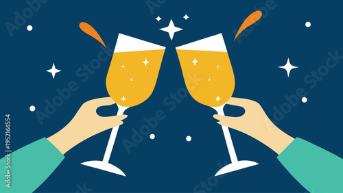 Two hands raise wine glasses in a toast against a dark blue background filled with white stars and orange liquid splashes during a night celebration.