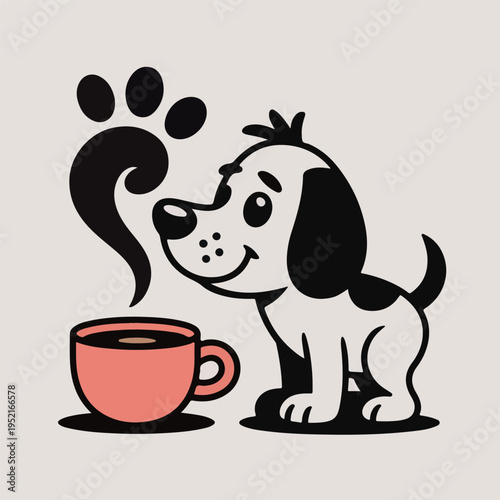 Cute cartoon puppy smelling hot coffee cup with paw print steam illustration