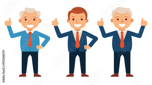 Three happy mature businessmen wearing blue sweaters and red neckties are shown giving thumbs up signs while standing against a plain white background.