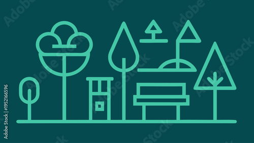 A minimalist teal line art illustration depicting a park scene with various tree shapes, a bench, and a trash bin is set against a dark green background.