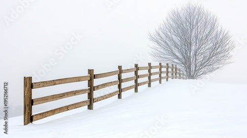 Snowy Landscape with Wooden Fence and Bare Tree in a Foggy Winter Atmosphere