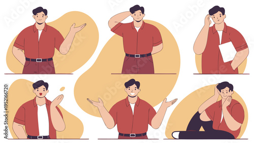 A dark-haired man wearing a maroon shirt and dark pants is depicted in six different expressive standing and sitting poses.