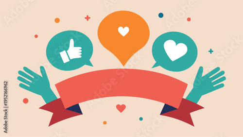 Two teal hands reach towards three large icons including an orange teardrop and two speech bubbles with heart and thumb symbols above a red ribbon banner.