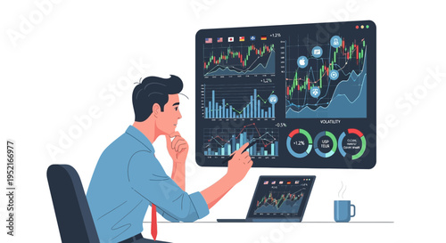Analyst examining data charts and graphs displayed on screens and laptop