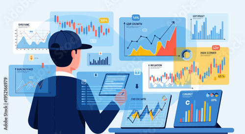 Analyst examining data charts and graphs depicting business and economic information