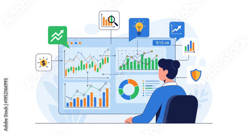 Analyst examining data charts and graphs on a computer screen for analysis