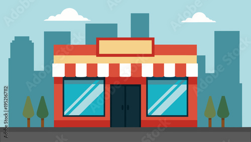 A red brick storefront with a red and white striped awning and black double doors is positioned between several stylized green trees in front of city buildings.