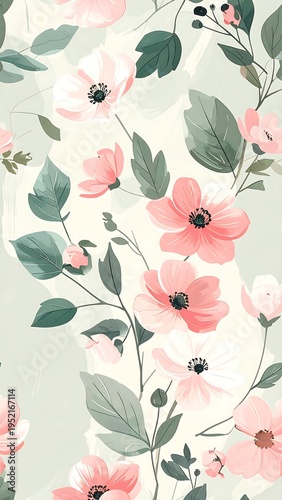 A floral pattern with pink flowers and green leaves