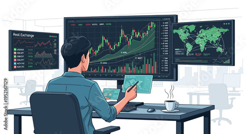 Analyst examining stock market data on multiple computer screens illustration