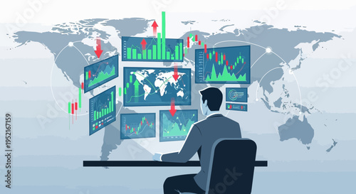 Analyst monitoring global financial data on multiple computer screens
