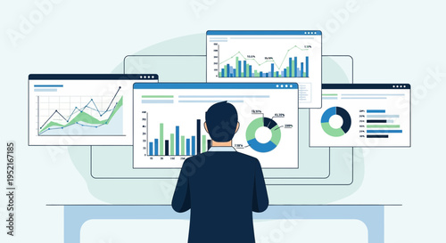 Analyst viewing business data charts and graphs on multiple screens