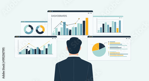 Analyst viewing data visualizations on digital screens for business analysis
