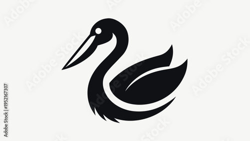 A stylized black silhouette of a pelican bird with a long beak and layered wing feathers is depicted facing left on a light gray background.