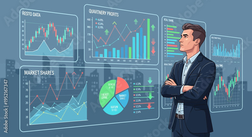 Businessman analyzes financial data charts representing market shares and quarterly profits