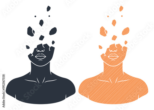 Abstract concept of a person's head fragmenting into pieces, symbolizing change or transformation