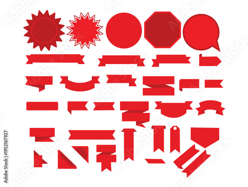 Set of red blank banners ribbon. Sale, promotion, discount blank banners. Red tag banner label ribbon set. Stickers labels tags ribbons. 