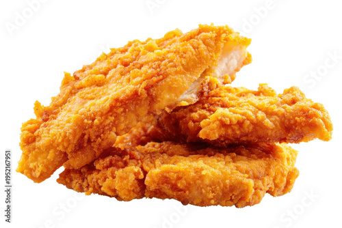 Crispy golden brown fried chicken strips with a textured coating image, Isolated On Transparent Background, Png Cut Out