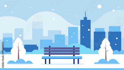 Flat vector illustration of a snowy city park featuring a central blue bench and two snow covered trees against a blue cityscape on a winter day.