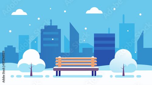 Flat winter landscape illustration showing a brown wooden bench between two large snowy bushes with a dark blue city skyline and clouds in vector.