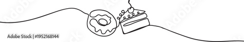 Cake and Donut One Line Art Vector – Minimal Continuous Line Drawing of Dessert, Sweet Food Illustration for Bakery and Café Design Artwork