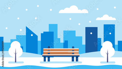 A wooden park bench sits between two snow-covered white trees with a blue urban city skyline and falling snowflakes in the background.