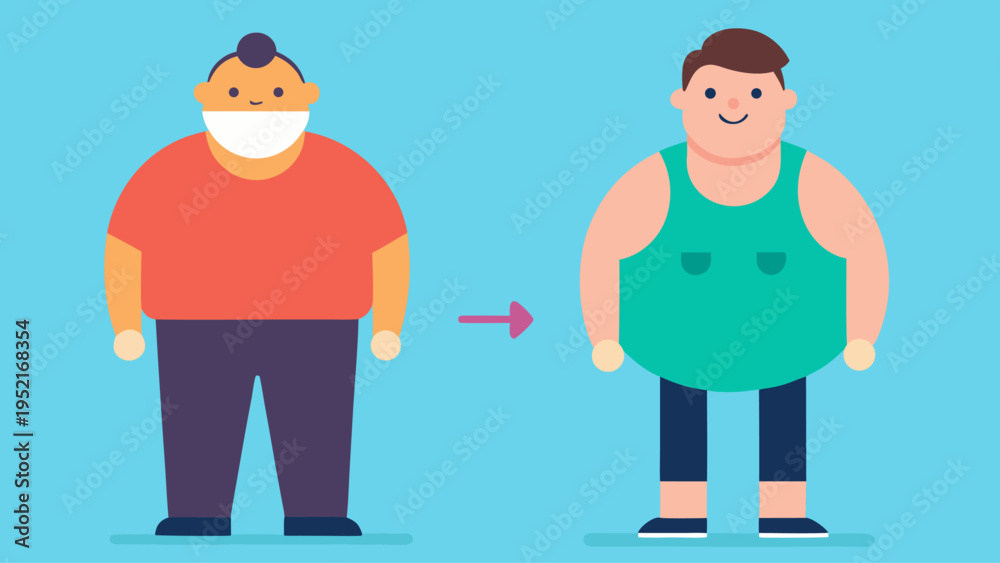 Fototapeta premium A purple arrow points from a larger cartoon man wearing a red shirt to a thinner man wearing a green tank top on a blue background.