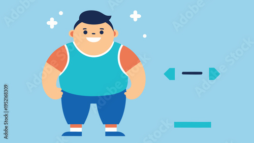 A smiling overweight cartoon boy wearing a teal tank top and blue shorts stands alone against a solid light blue background with white sparkles.