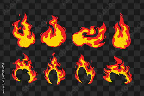 Set of fiery frame border vector, burning flame design, hot orange blazing edge, transparent background.