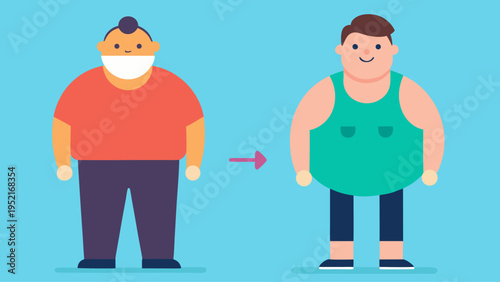 A purple arrow points from a larger cartoon man wearing a red shirt to a thinner man wearing a green tank top on a blue background.