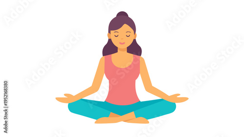 A cartoon woman with dark purple hair sits in a cross legged lotus yoga pose wearing a pink top and teal leggings against a plain white background.