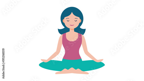 A female character with blue hair performs a meditative yoga lotus position while wearing a maroon top and turquoise pants on a solid white background.