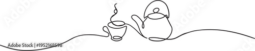 Hot Tea Teapot One Line Art Vector – Minimal Continuous Line Drawing of Teapot and Cup, Cozy Drink Illustration Artwork