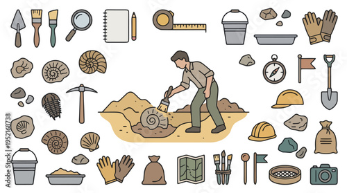 Paleontologist Working on Site Excavating Ancient Mollusk and Ammonite Fossils