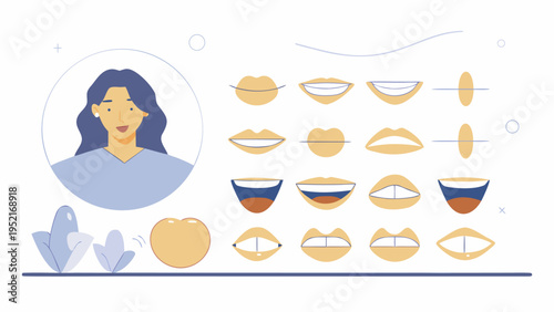 Young woman with blue hair and a lavender shirt is next to a grid of sixteen different mouth and lip animation frames on a white background.