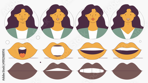 Four female character avatars with different expressions are shown above eight large mouth animation frames on a light grey background.