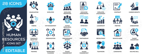 Human resources and recruitment solid icon set featuring hiring, onboarding, interviews, leadership, employee management, and talent acquisition. Flat vector icons for HR, staffing, and workplace proj