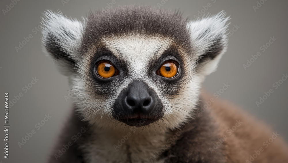Obraz premium Ring tailed lemur close up portrait with vivid orange eyes and soft fur expression