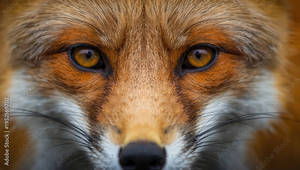 Fototapeta premium Red fox close up portrait with intense amber eyes and detailed fur