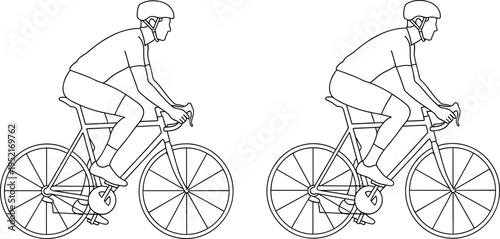 A vintage silhouette of an active man and woman on a black bicycle wheeling through a sport race illustration