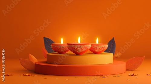 Diwali celebrations diwali diya decorations and podium in the orange background
