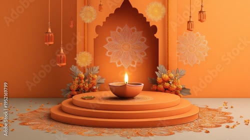 Diwali celebrations diwali diya decorations and podium in the orange background
